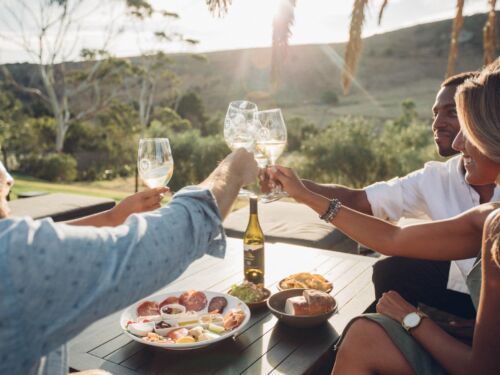 Friends clinking glasses of wine while sitting outside at Stonyridge vineyard in Auckland